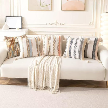 Boho Throw Pillow Covers 18x18 Set of 2 Woven Tufted Farmhouse Pillows Cover with Tassels Textured Striped Cushion Case Neutral Pillow Cases Decorative Pillowcase for Sofa Couch Bed,Orange