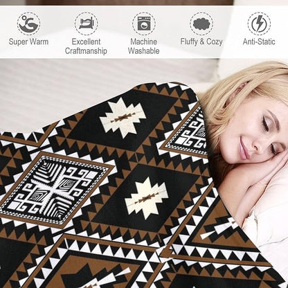 Rustic Western Throw Blanket, Southwestern Bohemian Ethnic Style Native Aztec Pattern Flannel Blanket for Sofa Bed, All Seasons 40"x50"