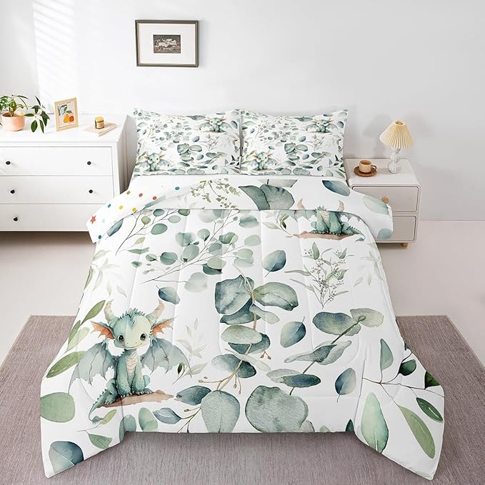 Erosebridal Boys Magic Animal Twin Bedding Sets Cute Dragon Comforter Set, Cartoon Wildlife Bedding Comforter Sets Green Leaf Duvet Insert, Spring Garden Plant Down Comforter Child Kids Bedroom Decor