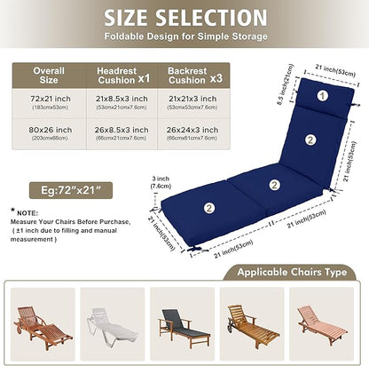 Chaise Lounge Cushion 80x26x3 Inch ?Set of 2 Outdoor Lounge Chair Cushions, Lounger Pad Replacement with Fade-Resistant, Removable & Machine-Washable Covers, Ideal for Patio Chaise Chairs, Navy Blue