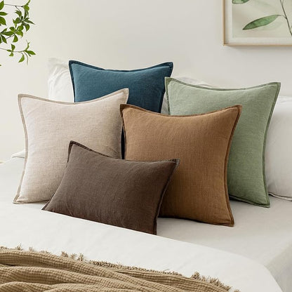 EMEMA Decorative Linen Throw Pillow Covers 22x22 Inch Grass Green Boho Farmhouse Neutral Couch Throw Pillows for Bed Pack of 2 Accent Pillowcase Modern Sofa Cushion Livingroom Home