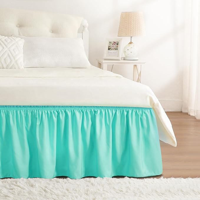 RIMELA Spa Blue Bed Skirt Queen Size 15 Inch Drop, Elastic Bed Skirting for Bed Base and Frame, Bedding Dust Ruffle Easy to Install, Lightweight Wrap Around Adjustable Bedskirt