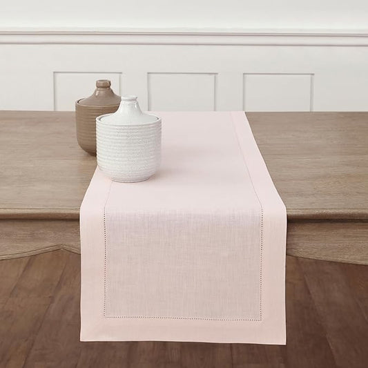 Solino Home Linen Pink Table Runner 36 Inches - Classic Hemstitch, 100% Pure Linen Coffee Table Runner 14 x 36 Inch Ideal for Dresser Tables - Christmas