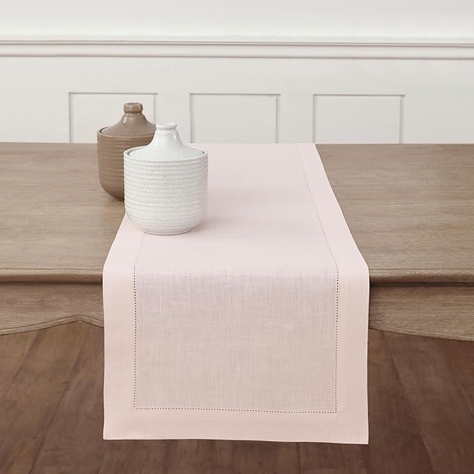 Solino Home Linen Pink Table Runner 60 Inches - Classic Hemstitch, 100% Pure Linen Coffee Table Runner 14 x 60 Inch Ideal for Dresser Tables - Christmas