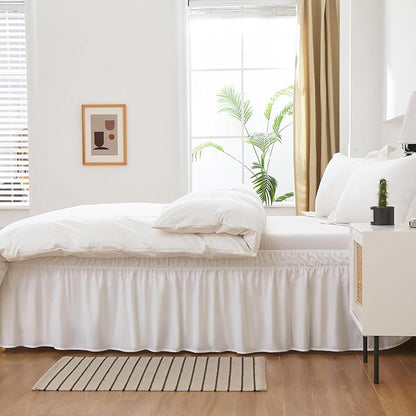 MEILA Wrap Around Bed Skirt Three Fabric Sides Elastic Dust Ruffled 24 Inch Tailored Drop,Easy to Install Fade Resistant-Natural White, Queen/King