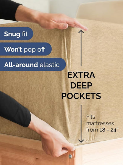 Extra Deep Pocket King Sheets - 4 Piece Breathable & Cooling Bed Sheets - Hotel Luxury Bed Sheet Set - Soft, Wrinkle Free & Comfy - Easily Fits Extra Deep Mattresses - Deep Pocket Heathered Tan Sheets