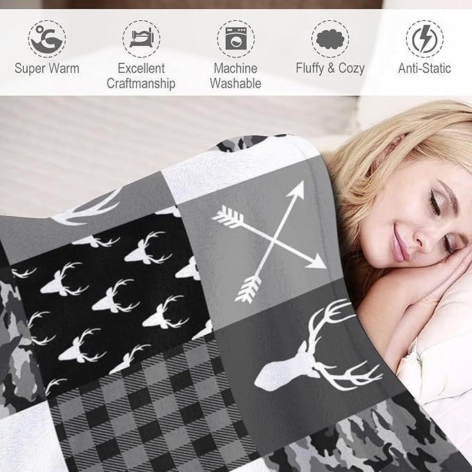 Rustic Cabin Throw Blanket, Farmhouse Grey Camouflage Deer Vintage Country Hunting Wildlife Blanket Throw for Bed Camping Travel Living Room Bedroom, 40"x50"