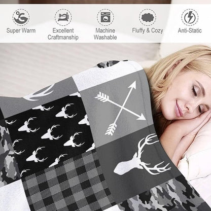 Rustic Cabin Throw Blanket, Farmhouse Grey Camouflage Deer Vintage Country Hunting Wildlife Blanket Throw for Bed Camping Travel Living Room Bedroom, 40"x50"