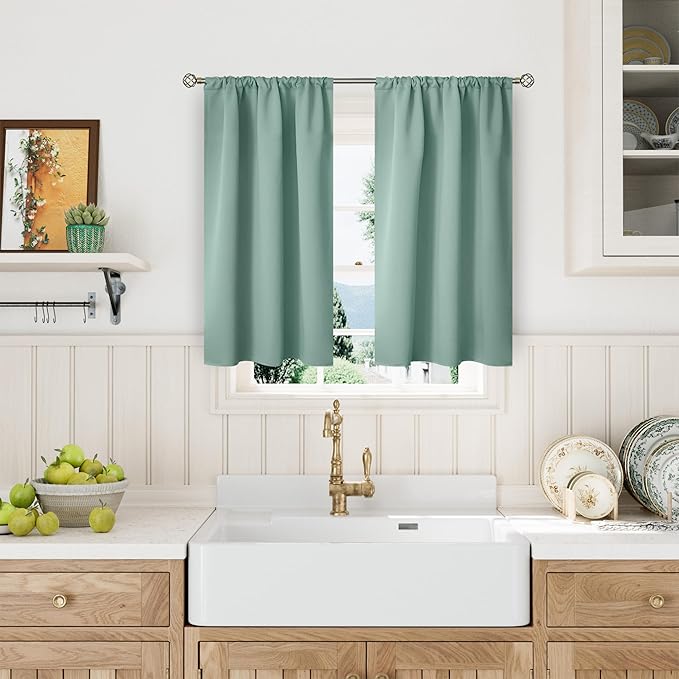 BGment Sage Green Kitchen Curtains 36 Inch Length for Window Over Sink - Small Half Drapes with Rod Pocket Privacy Protection for Cafe Bathroom Window, 34 x 36 Inch, 2 Panels