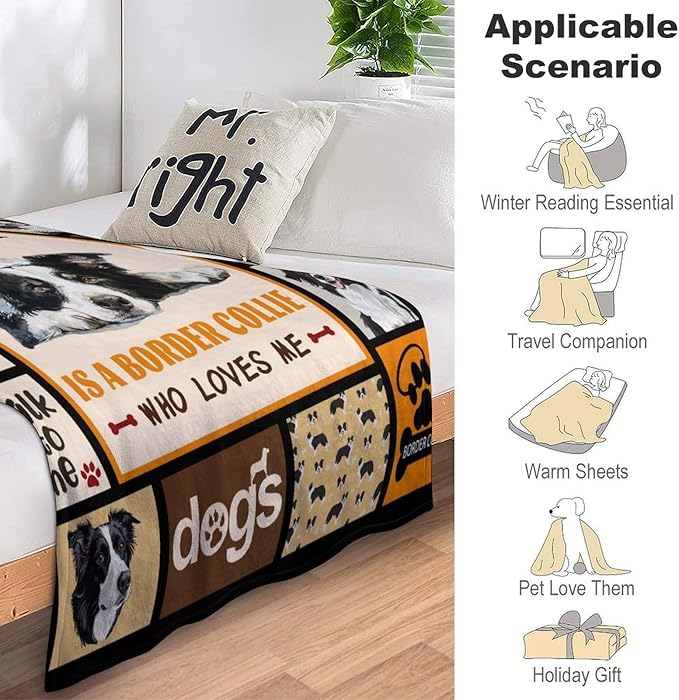 Border Collie Dog Print Blanket Best Dog Pet Animal Throw Blankets for Couch Sofa Stuff Decor Gifts Lightweight Soft Cozy Fleece Plush Warm Flannel Bedding for Lover Man Woman Teen Adults 50"x60"