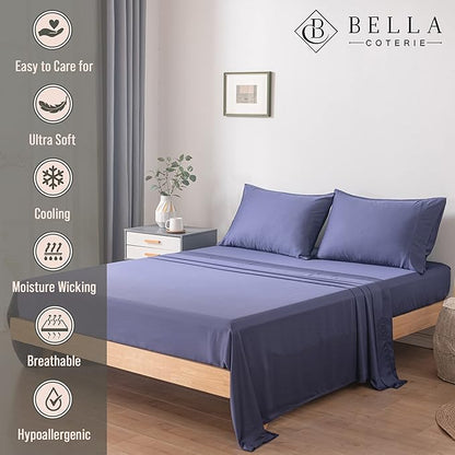 Bella Coterie Luxury Bamboo Viscose Split King Size Sheet Set | 2 Fitted Sheets for Sleep Number & Adjustable Beds | 100% Organically Grown | Cooling & Ultra Soft | 18” Deep Pocket [Twilight Blue]
