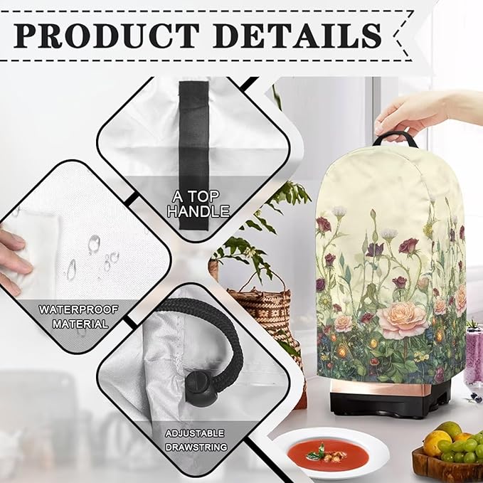 Kitchen Countertop Blender Cover with Drawstring Dust Protection Anti Fingerprint 9.4”Lx7.2”Wx15.9”H Fits Most Standard Kitchen Blender Appliance Cover Retro Rose Flower Print