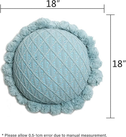 Acrylic Knitted Round Throw Pillow Knitting Bohemian Circular Cushion Pillow with Knit Handmade Pompoms Decorative Turquoise Green, Diameter 18inches