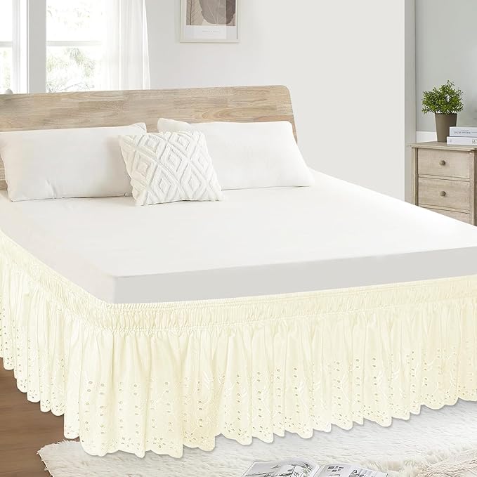 Queen Bed Skirt, Wrap-Around Elastic Ruffled Eyelet Bed Skirt Queen Size Dust Ruffle with Gathered Styling and Embroidered Details, 14" Drop Length (Light Yellow)