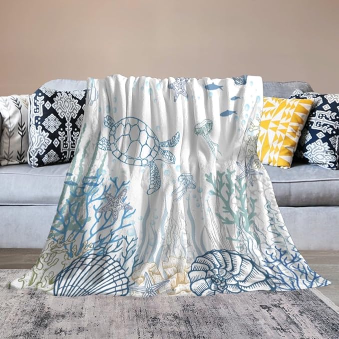 Nautical Turtle Throw Blanket, Coastal Sea Ocean Theme Coral Starfish Seashell Jellyfish Undersea Life Fleece Blanket for Summer Home Bed Sofa Couch Chair, 40"x50"
