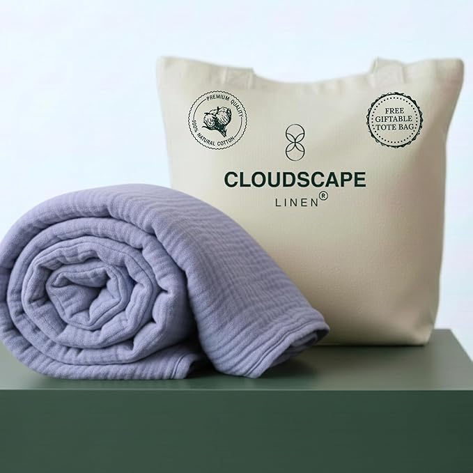 Cloud Scape Linen Extra Large 4 Layer Muslin Throw Blanket - 100% Cotton Gauze, Lightweight & Breathable All Season, Pre-Washed, for Couch & Bed, 50x70, Lavender Blue