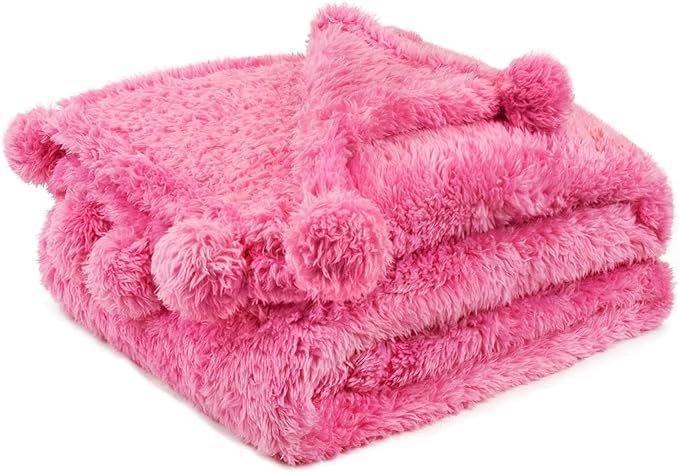 Pavilion Pink Sherpa Throw Blanket, Warm Plush Fuzzy Pom Pom Blanket for Couch, Sofa Throw, Lightweight Soft, Cozy Fluffy Blanket, Hot Pink, 50x60
