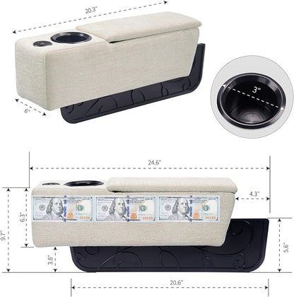 Multifunctional Couch Armrest, Sofa Armrest with Cup Holder, Removable Sofa Caddy with Storage,Equipped with LED Reading Light&Wireless Charge Stand,Almond