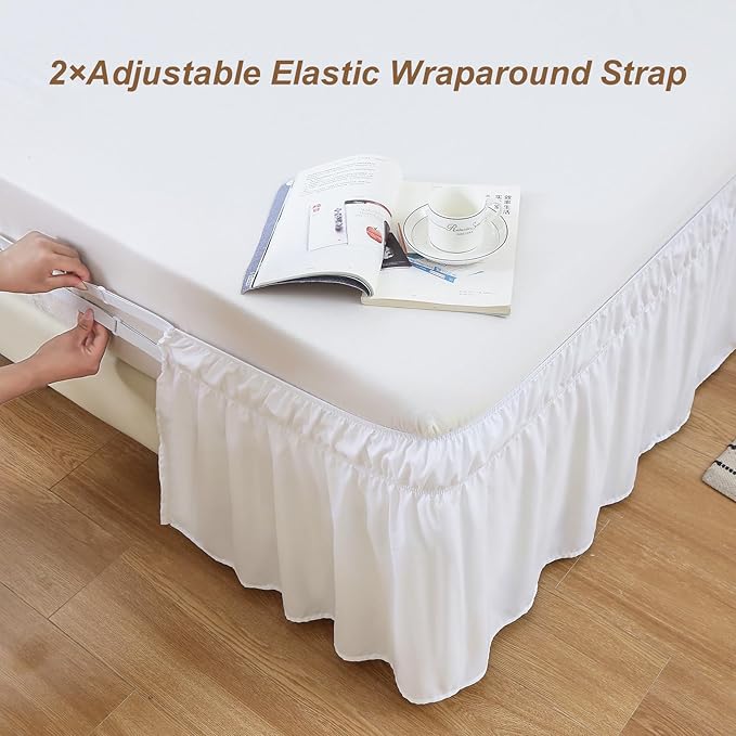 MEILA Wrap Around Bed Skirt Three Fabric Sides Elastic Dust Ruffled 24 Inch Tailored Drop,Easy to Install Fade Resistant-Natural White, Twin/Full