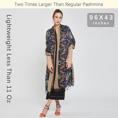 DANA XU 100% Merino Wool Pashmina Shawl for Women 96"x43", Oversized Cashmere Wrap with Tassels, Floral Travel Blanket Cape
