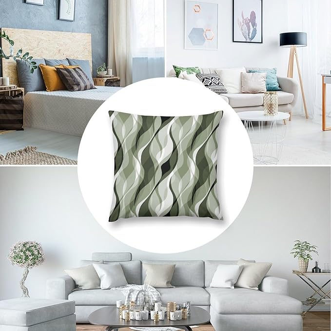 Sage Green Throw Pillow Covers Abstract Ombre Green and Grey Striped Decorations for Bedroom Living Room Farmhouse Sofa Pillows Bed Couch 18x18 Inch