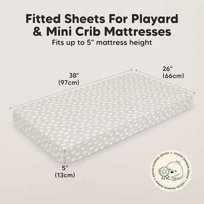 2-Pack Mini Crib Sheets Fitted - 38x26 Pack N Play Sheets for Pack and Play Mattress, Organic Cotton, Soft & Breathable Playard Bedding, Neutral Mini Toddler Bed Cover for Boys, Girls (Meadow)