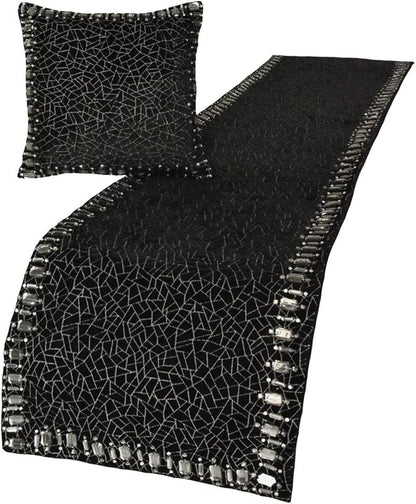 The HomeCentric King/Queen/Twin Black Decorative King 90"x18" Bed Runner Without Pillow Cover, Mosaic & Crystal Bed Scarf on Velvet Fabric - Mosaic Noir