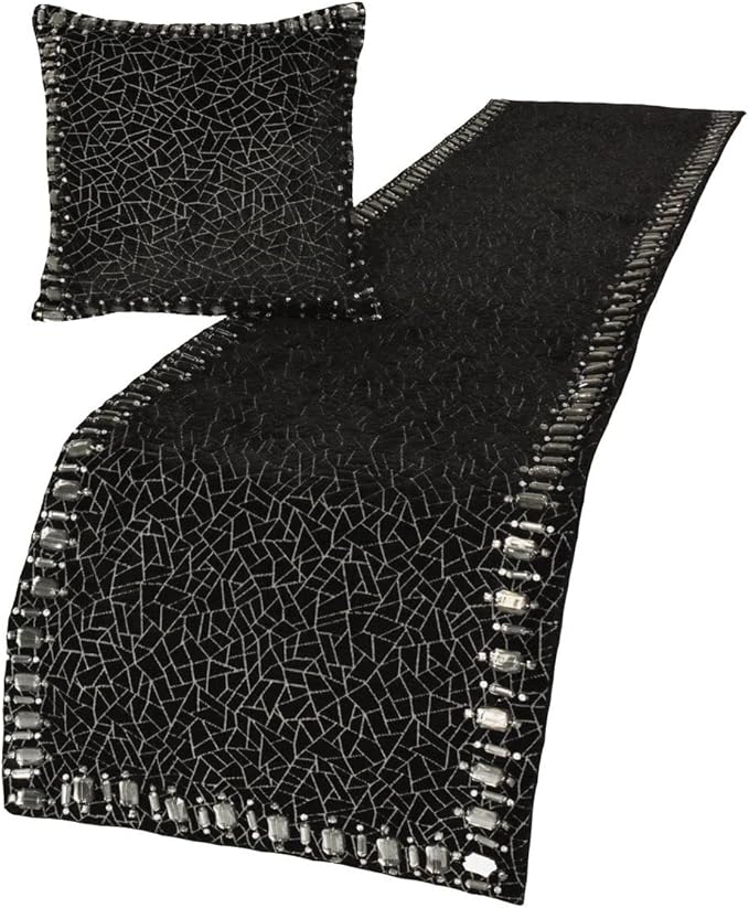 The HomeCentric King/Queen/Twin Black Decorative Twin 53"x18" Bed Runner with 2 Pillow Cover, Mosaic & Crystal Bed Scarf on Velvet Fabric - Mosaic Noir