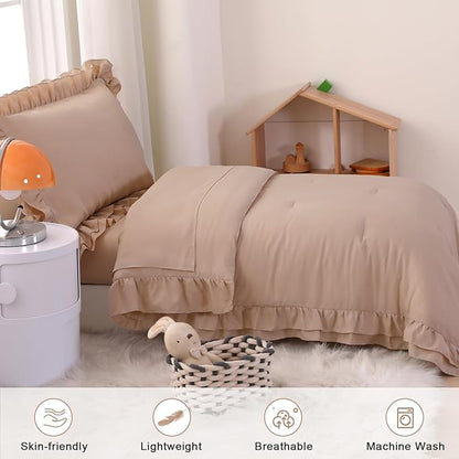 Wowelife 4 Pieces Toddler Bedding Sets for Girls Boys Beige Toddler Bed Set Double Ruffles Boho Bohemian Jacquard Kids Bed in a Bag Includes Comforter, Fitted Sheet, Top Sheet and Pillowcase