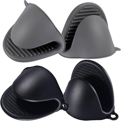 2 Pairs Mini Oven Gloves Silicone Heat Resistant Cooking Pinch Mitts Potholder for Kitchen Cooking & Baking (Black and Grey)
