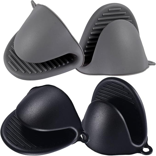 2 Pairs Mini Oven Gloves Silicone Heat Resistant Cooking Pinch Mitts Potholder for Kitchen Cooking & Baking (Black and Grey)