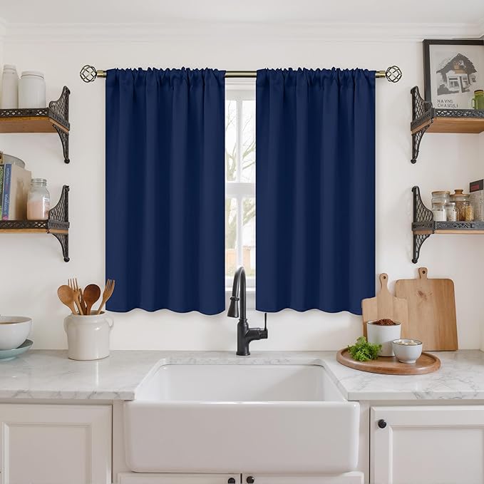 BGment Navy Blue Blackout Curtains 40 Inches Length for Bedroom - Short Thermal Insulated Drapes with Rod Pocket for Kitchen Cafe Bathroom Window Privacy, 42 x 40 Inch, 2 Panels