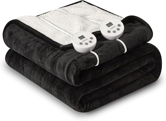 Heat Blanket 84”x90” Queen Size-Dual Control，Soft Flannel & Sherpa Reversible Electric Blanket with 10 Heat Settings,12 Timer Setting and 8 Hours Auto-Off,ETL Certified Machine Washable,Black