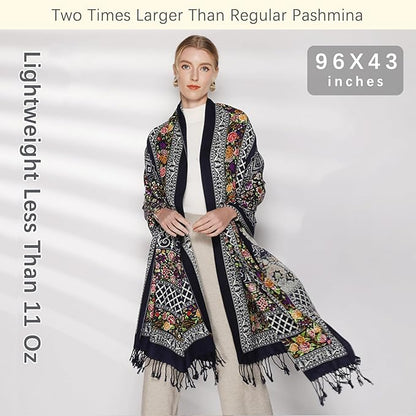 DANA XU 100% Merino Wool Pashmina Shawl for Women 96"x43", Oversized Cashmere Wrap with Tassels, Floral Travel Blanket Cape