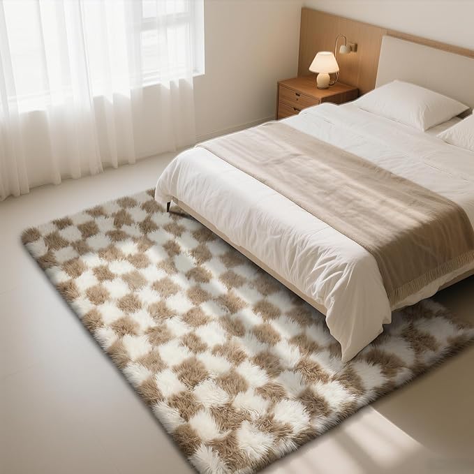 Checkered Rug for Living Room, 9x12 Beige and White Area Rugs, Classic Checkered Carpets Shaggy Area Rug, Bedside Rugs for Living Room Bedroom Kids Room Home Decor