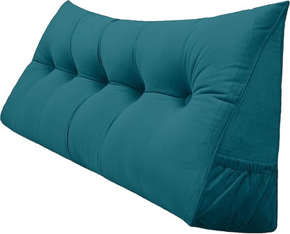 Triangular Reading Bed Rest Pillow Large Bolster Cushion Headboard Backrest Wedge Pillow with Removable Cover and Two Large Side Pockets (Teal, King: 78 x 8 x 20 inches)
