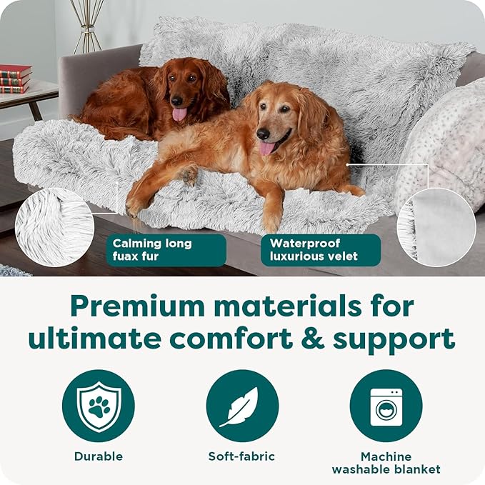 FurHaven Waterproof Throw Blanket For Dogs & Indoor Cats, Reversible Protective Pet Blanket, Extra Large, Long Faux Fur & Velvet, Mist Gray