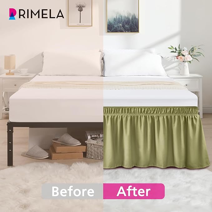 RIMELA Sage Green Bed Skirt Twin Size 15 Inch Drop, Elastic Bed Skirting for Bed Base and Frame, Bedding Dust Ruffle Easy to Install, Wrap Around Adjustable Bedskirt