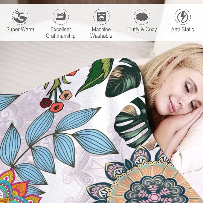 Boho Flowers Blanket for Women Girls, Rustic Bohemian Mandala Palm Leaves Plants Botanical Print Blanket for Bedroom Living Room Couch Sofa, 40"x50"
