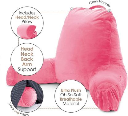 Nestl Reading Pillow with Shredded Memory Foam Includes 2 Neck and Lumber Support Pillows, Designed for Sitting Up in Bed and Couch, Back and Arms Adjustable Support for Adult & Teens, Light Pink