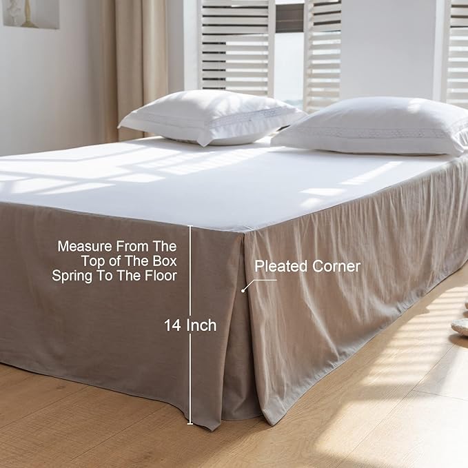 BISELINA French Linen Bed Skirt with Pleated Corner 14-Inch Tailored Drop Natural Flax Cotton Blend Basic Dust Ruffle Soft Cozy Farmhouse Bedding (14" Twin, Basic Grey)