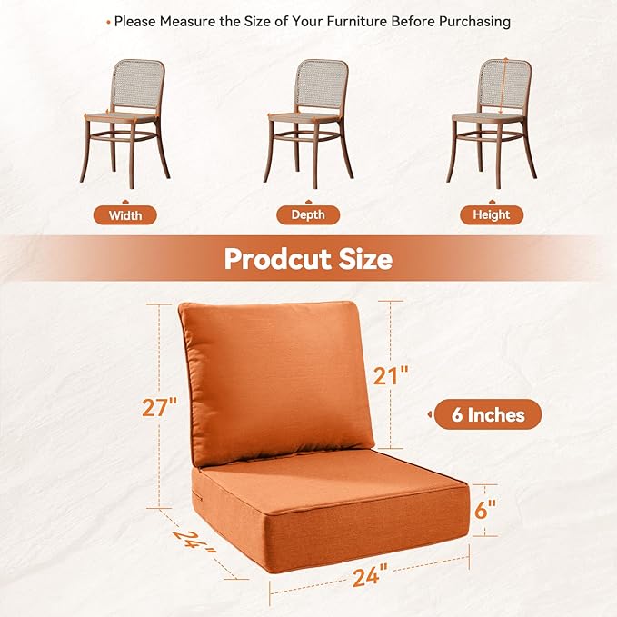Luxury 6" Outdoor Cushions for Patio Furniture, 24x24x6" Thick Seat Cushion Set of 6, Fade Resistant Couch Chair Replacement Cushions High Density Deep Wicker Chair Cushion w/ Removable Cover, Orange