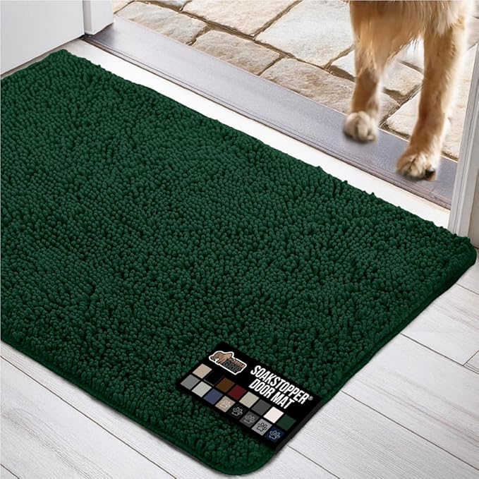 GORILLA GRIP SOAKSTOPPER Dog Door Mat, Machine Washable Rug Absorbent Doormat Captures Moisture Mud Dirt, Quick Dry Soft Chenille Entryway Rugs Indoor Entrance Mats for Dog Paws, 24x17 Deep Green