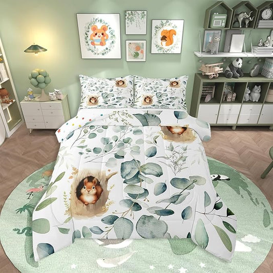Erosebridal Kawaii Squirrel Bedding Twin for Boys Girls Cartoon Animal Comforter Set Twin, Eucalyptus Leaves Duvet Insert Jungle Wildlife Quilt Comforter, Tropical Plants Bedding Comforters & Sets