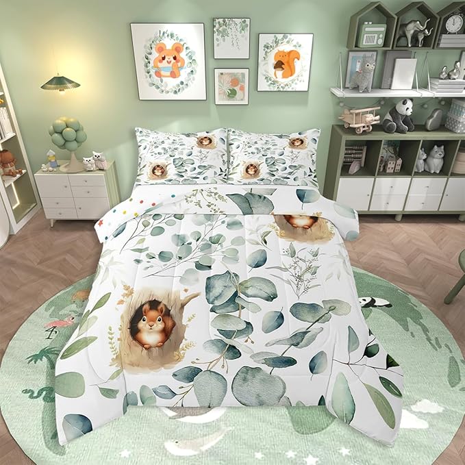 Erosebridal Kawaii Squirrel Bedding Toddler Size for Boys Girls Cartoon Animal Comforter Set, Eucalyptus Leaves Duvet Insert Jungle Wildlife Quilt Comforter, Tropical Plants Bedding Comforters & Sets