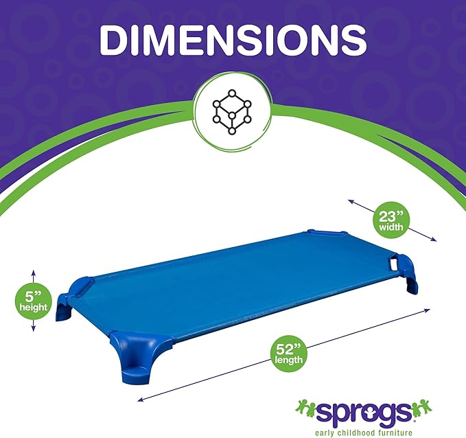 Sprogs Heavy-Duty Stackable Standard Size 52"L Daycare Cots for Kids and Toddlers, Stacking Preschool Classroom Kids Cots for Sleeping, Resting, Naptime, Pack of 4, Assorted Color
