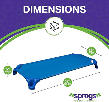 Sprogs Heavy-Duty Stackable Standard Size 52"L Daycare Cots for Kids and Toddlers, Stacking Preschool Classroom Kids Cots for Sleeping, Resting, Naptime, Pack of 4, Assorted Color