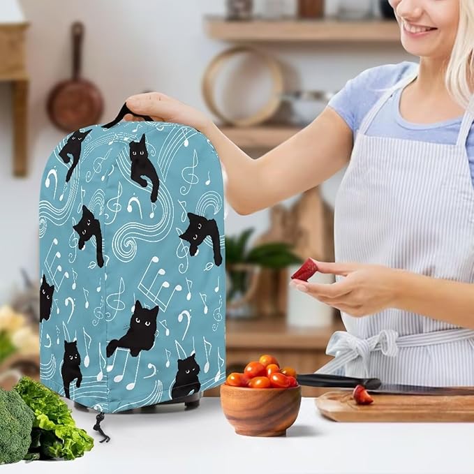 Blender Covers for Kitchen Food Processor Cover with Handle, Drawstring Dust Covers for Kitchen Appliances Stand Mixer or Coffee Maker Appliance Cover, Music Notes Black Cats