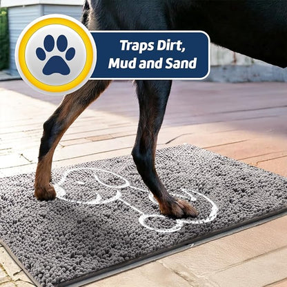 Muddy Mat® Lazy Dog Door Embroidery Mat Super Absorbent Microfiber Indoor Outdoor mat for Muddy Paws, Non-Slip Washable Pet Rug, Quick Dry Chenille Entryway Carpet, Machine Washable – Grey 19”x30”