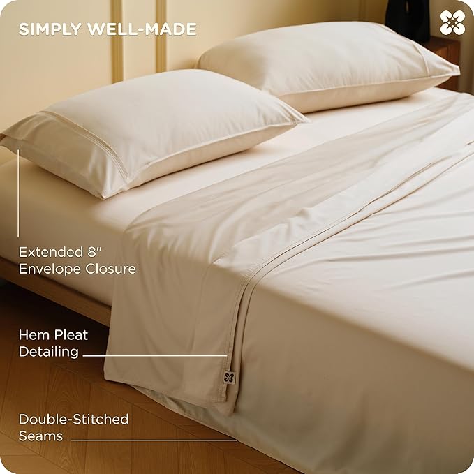 Bedsure Cooling Sheets Queen Size, Rayon Derived from Bamboo & Cotton Blend, GentleSoft, Breathable, Queen Sheet Set, Deep Pocket Up to 18 Inches, Hotel Luxury Bedding for Hot Sleepers, Beige